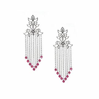 Leaves silver Chain Earrings with Red zircons