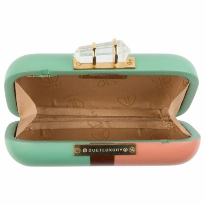 TURQUOISE PINK HAND-CARVED WOODEN MINAUDIERE CLUTCH DUET LUXURY