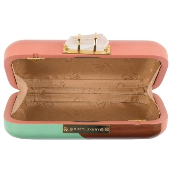 Turquoise Pink Geometric Hand-carved Wooden Clutch