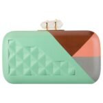 Turquoise Pink Geometric Hand-carved Wooden Clutch