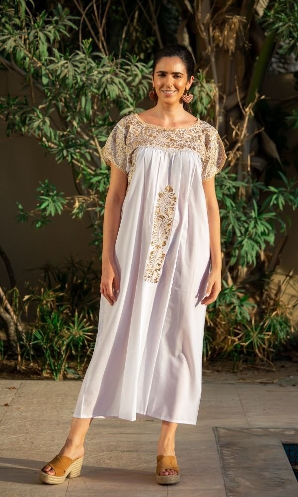 White Antonino Dress with Golden Embroidery