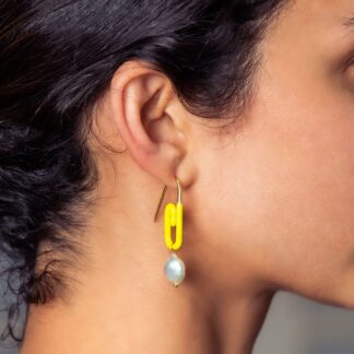 Electric Lime Paperclip Earrings with a Pearl Drop Goshopia affordable ethical jewelry Dubai