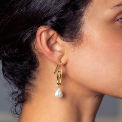 Gold Paperclip Earrings with Pearl Drop