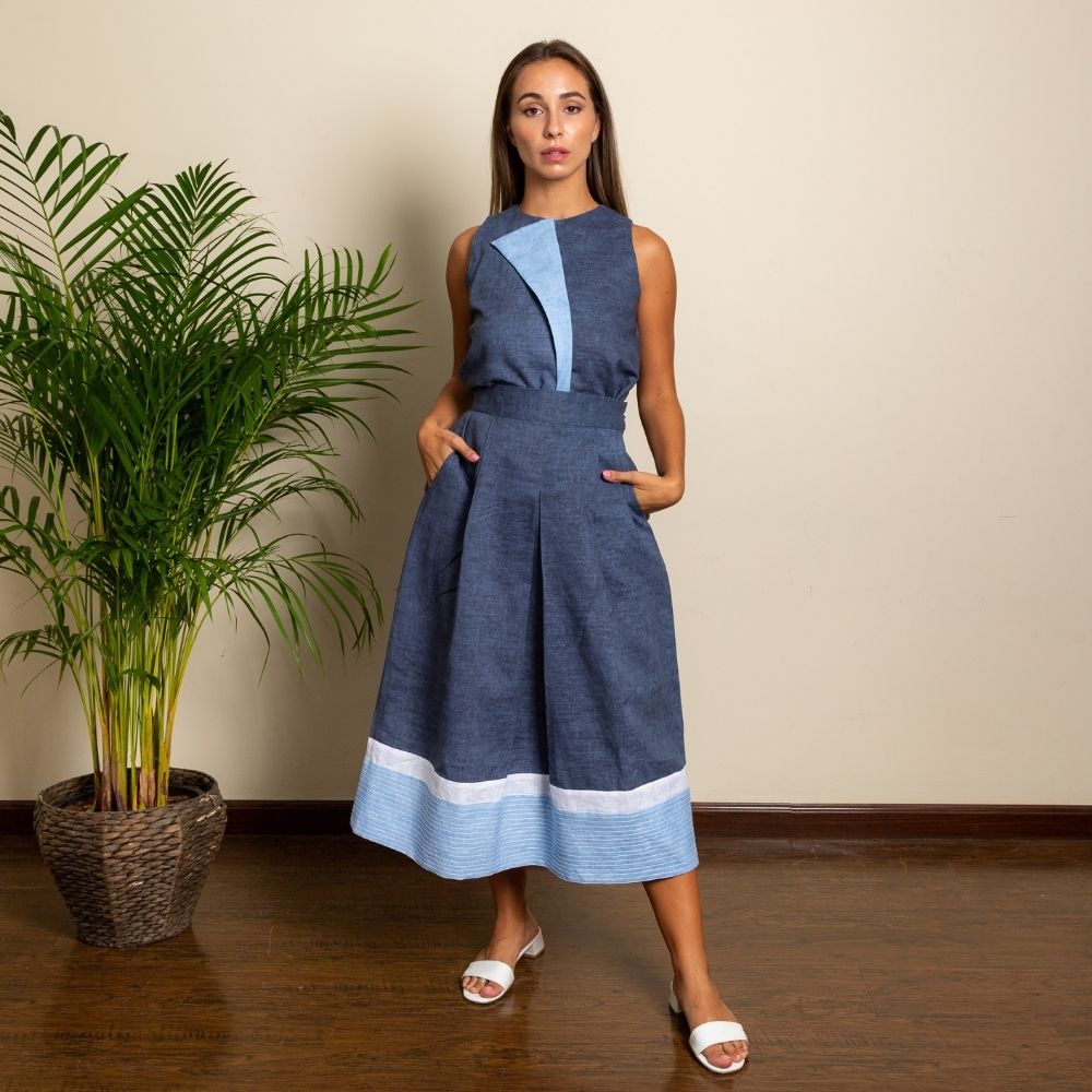 beautiful blue linen co-ord top and skirt