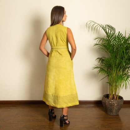 Back of Yellow Pleated Maxi Dress with Waistbelt
