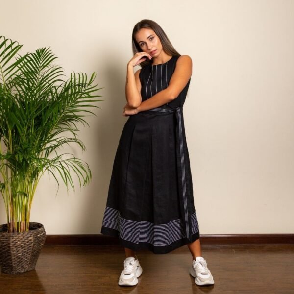 Black Pleated Maxi Dress with Waistbelt