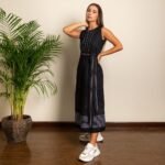 Black Pleated Maxi Dress with Waistbelt