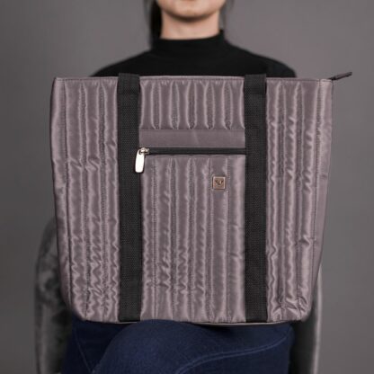 Shiny Grey Tote Bag: Front and Pocket Detail