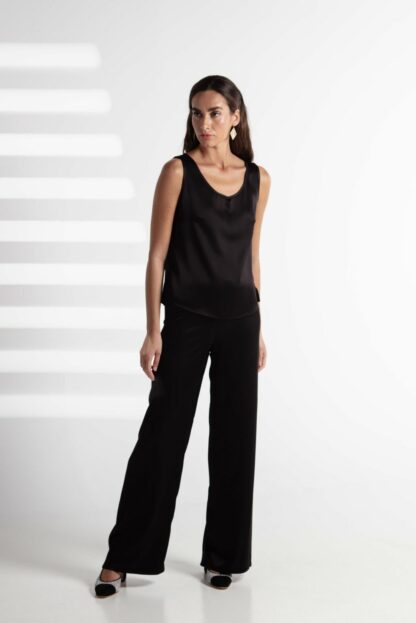 slow & sustainable modest fashion Black silk pants & top