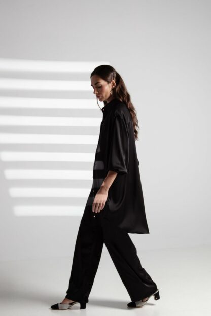 slow & sustainable modest fashion Black silk pants & belt silk shirt