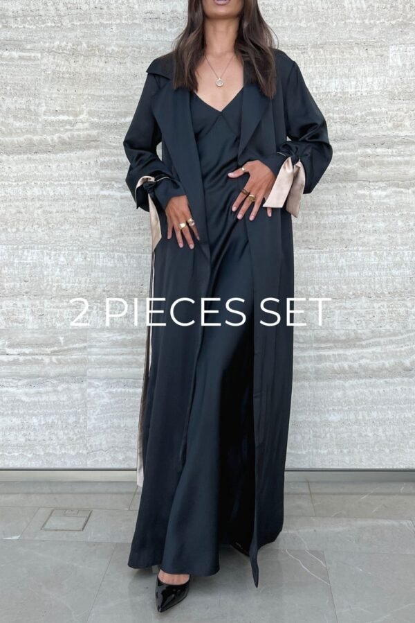 Trench-Kaftan & Slip Dress Set in Onyx Black