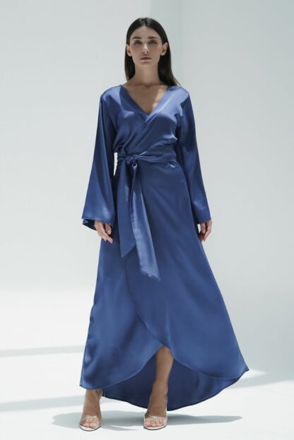 slow & sustainable modest fashion Indigo Blue Silk Wrap Dress
