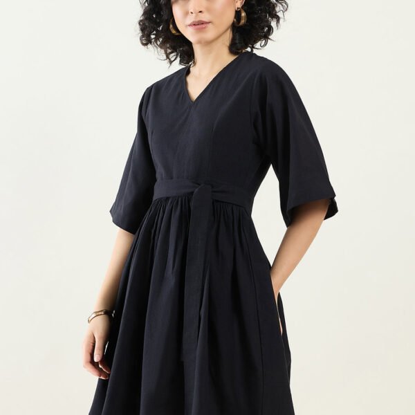 BLACK BELTED FLARED DRESS FOR WOMEN Arras
