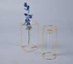 Set of 2 Minimal Gold Metal & Glass Test Tube Planter Vases