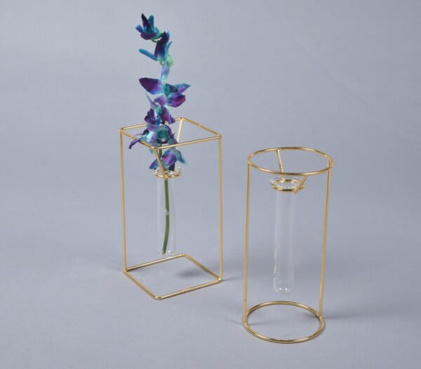 Set of 2 Minimal Gold Metal & Glass Test Tube Planter Vases
