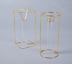 Set of 2 Minimal Gold Metal & Glass Test Tube Planter Vases
