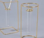 Set of 2 Minimal Gold Metal & Glass Test Tube Planter Vases