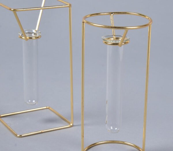 Set of 2 Minimal Gold Metal & Glass Test Tube Planter Vases