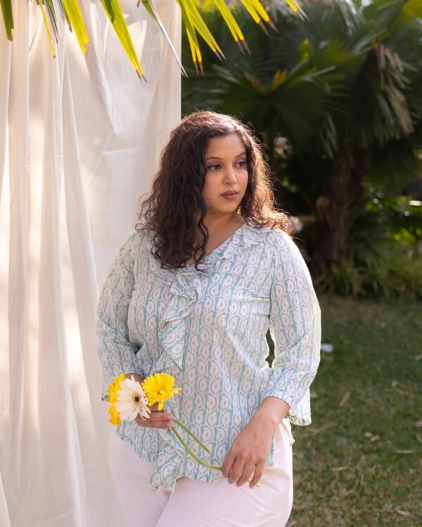 Sukusum Green Ruffled Bagh Print Top